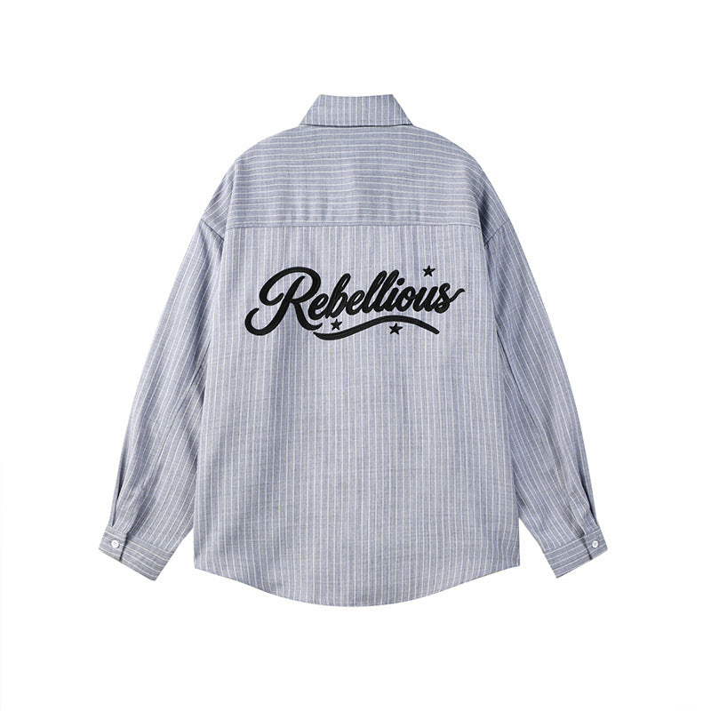 Stripe Long Sleeve Shirt with Rebellious Script Embroidery, Oversized Fit
