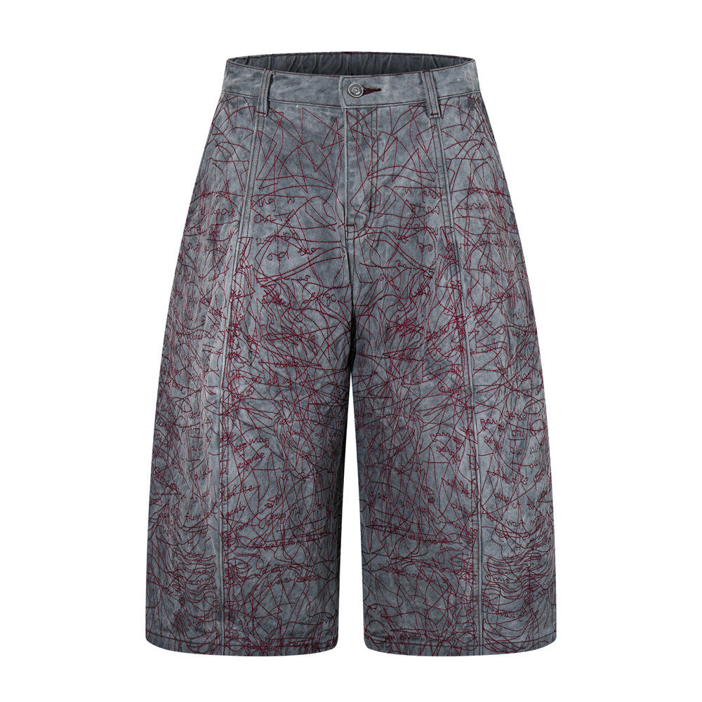 Wide-Leg Denim Shorts with All-Over Graffiti Embroidery – Punk Washed Grey