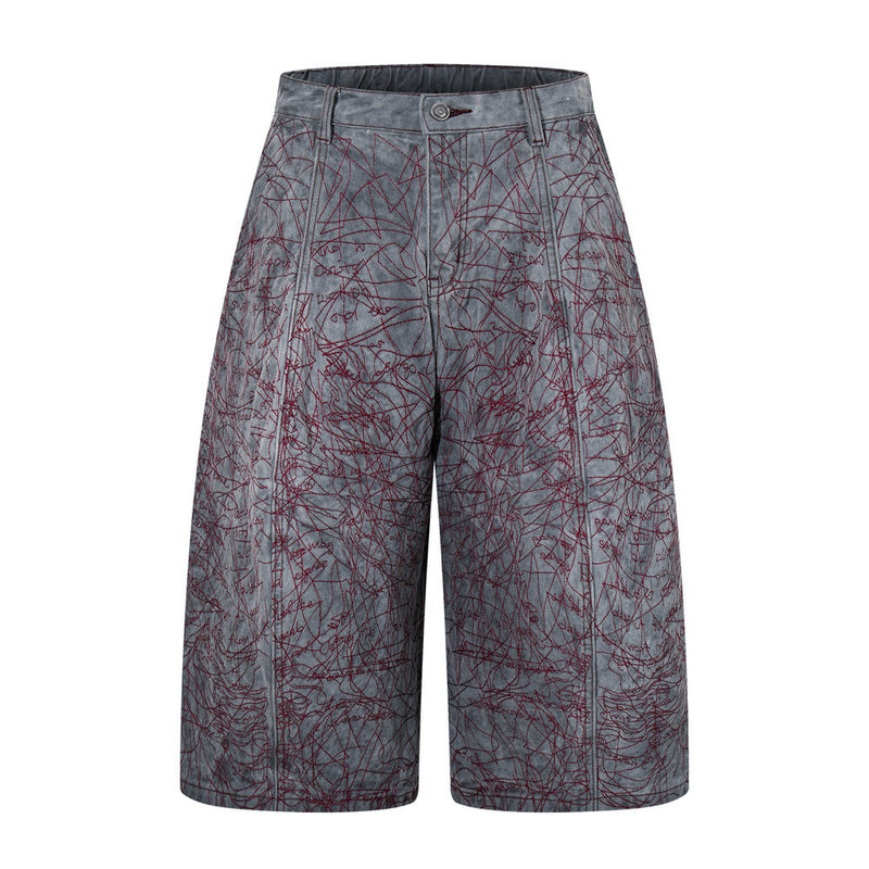 Wide-Leg Denim Shorts with All-Over Graffiti Embroidery – Punk Washed Grey