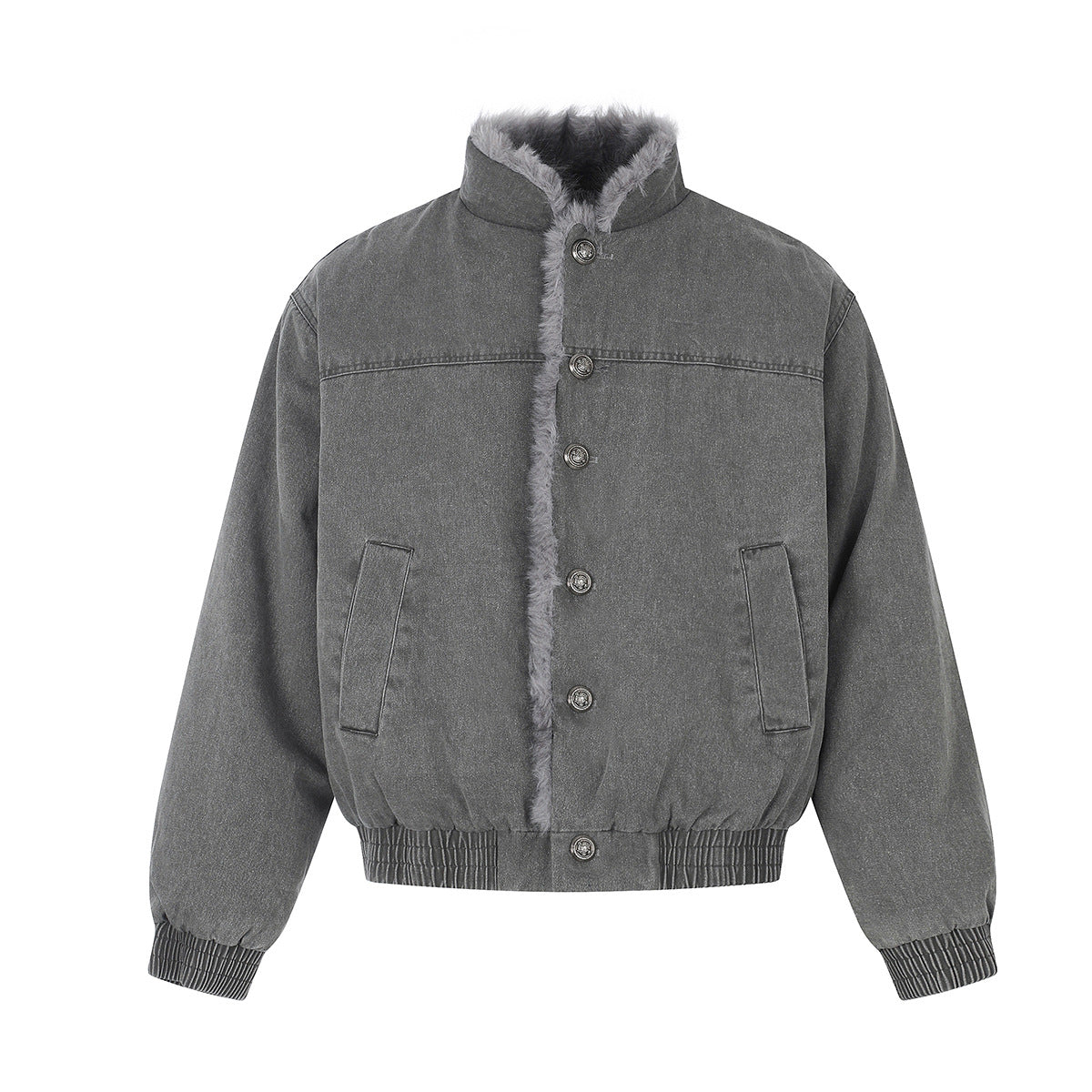 Washed Grey Denim Bomber Jacket with Faux Fur Collar Lining
