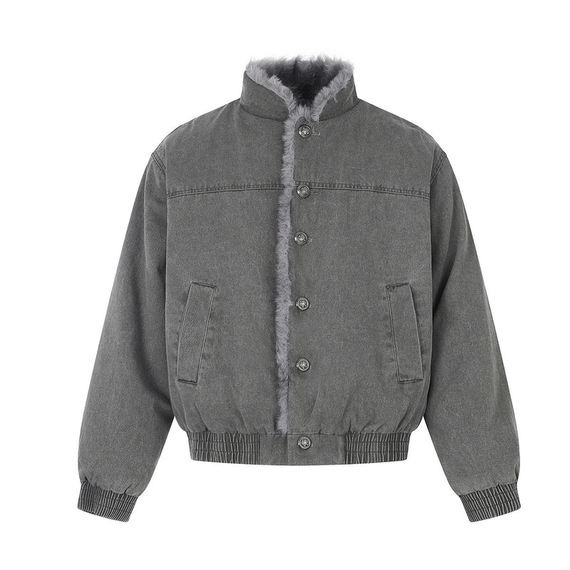 Washed Grey Denim Bomber Jacket with Faux Fur Collar Lining