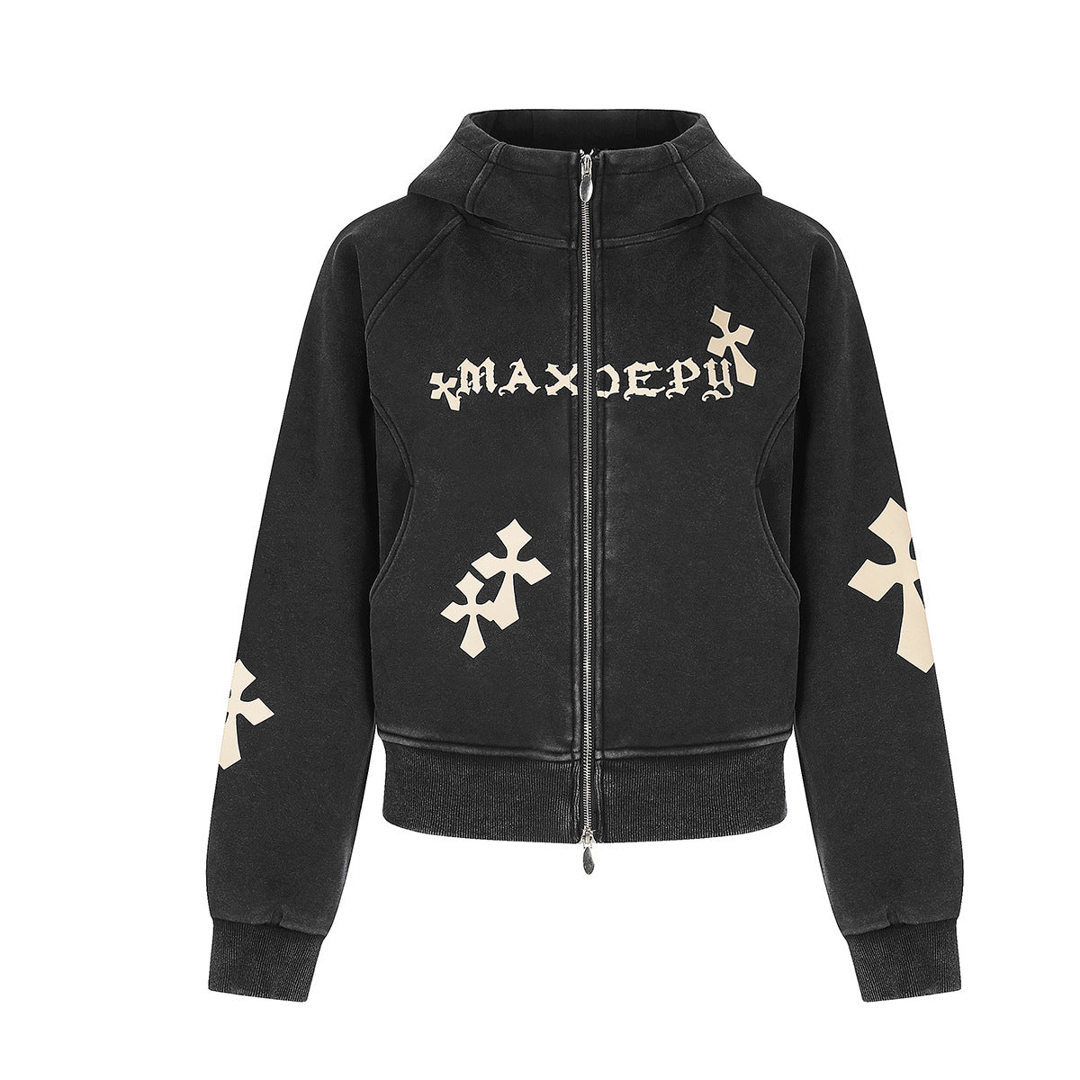 Cross Print Washed Zip-Up Hoodie – Cropped Black Streetwear Jacket