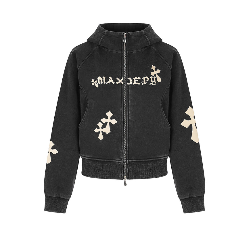 Cross Print Washed Zip-Up Hoodie – Cropped Black Streetwear Jacket