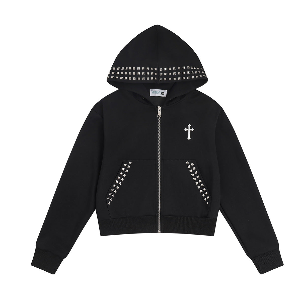 Sweat à capuche zippé court avec capuche cloutée et broderie croix