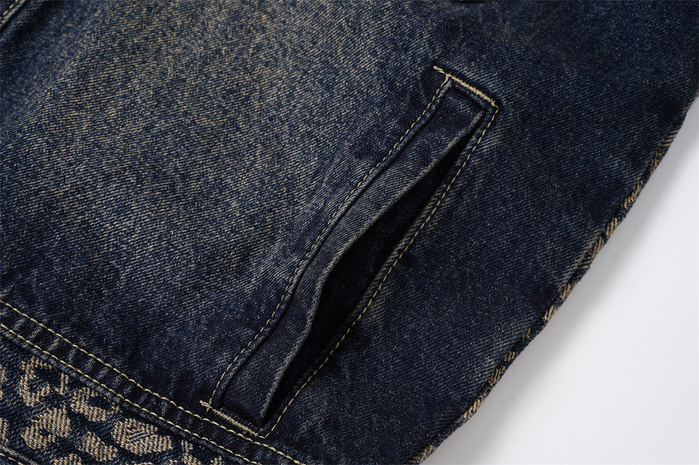 Veste en jean jacquard léopard – Trucker homme délavé à coupe décontractée