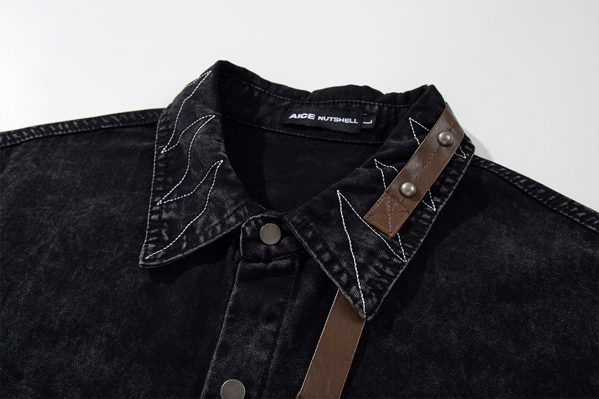 Washed Denim Shirt Jacket with Patchwork Pocket & Embroidered Collar