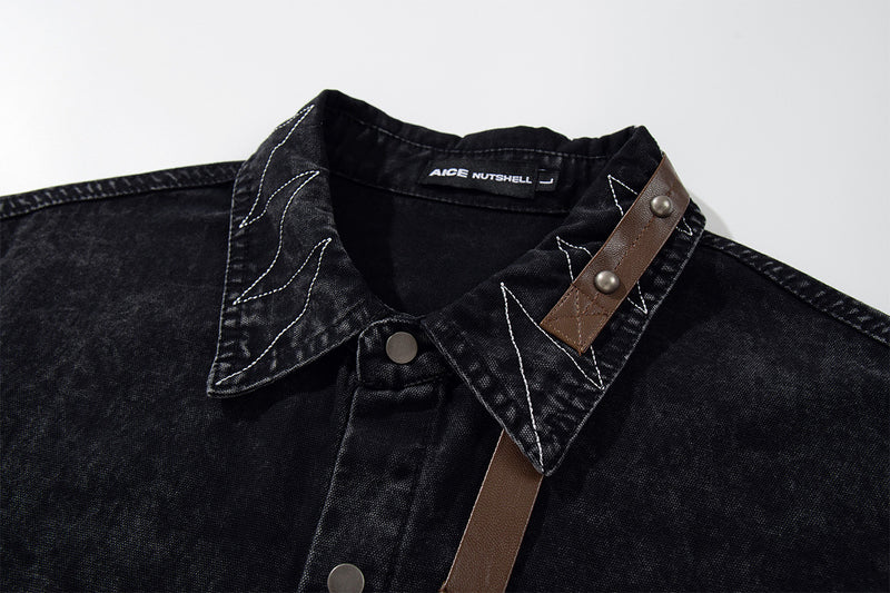 Washed Denim Shirt Jacket with Patchwork Pocket & Embroidered Collar