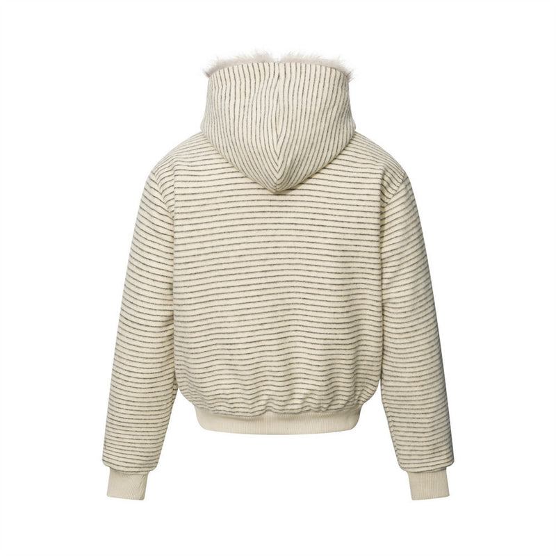 Striped Faux-Fur Hood Bomber Jacket – Double-Breasted Oversized Winter Coat