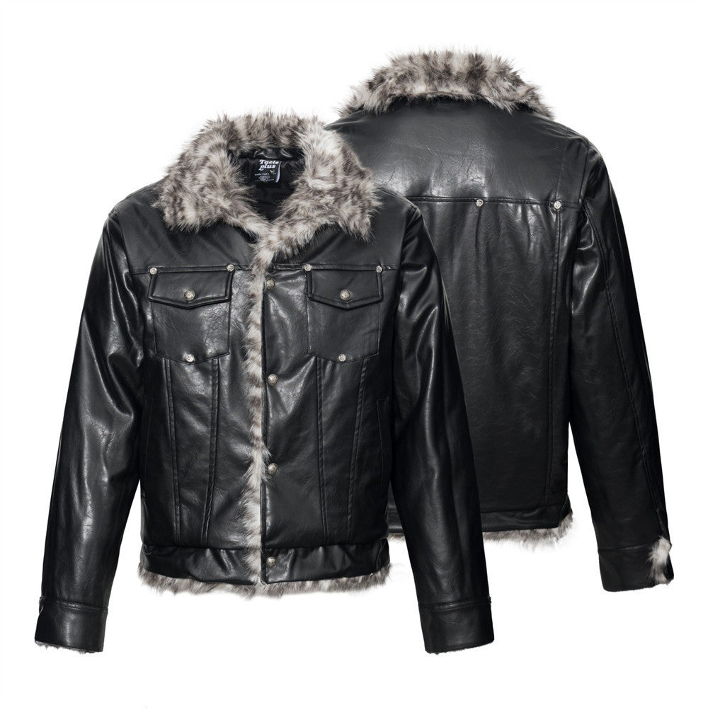 Cazadora trucker negra de cuero PU para hombre, con cuello y ribetes del bajo de pelo sintético gris, vista delantera y trasera
