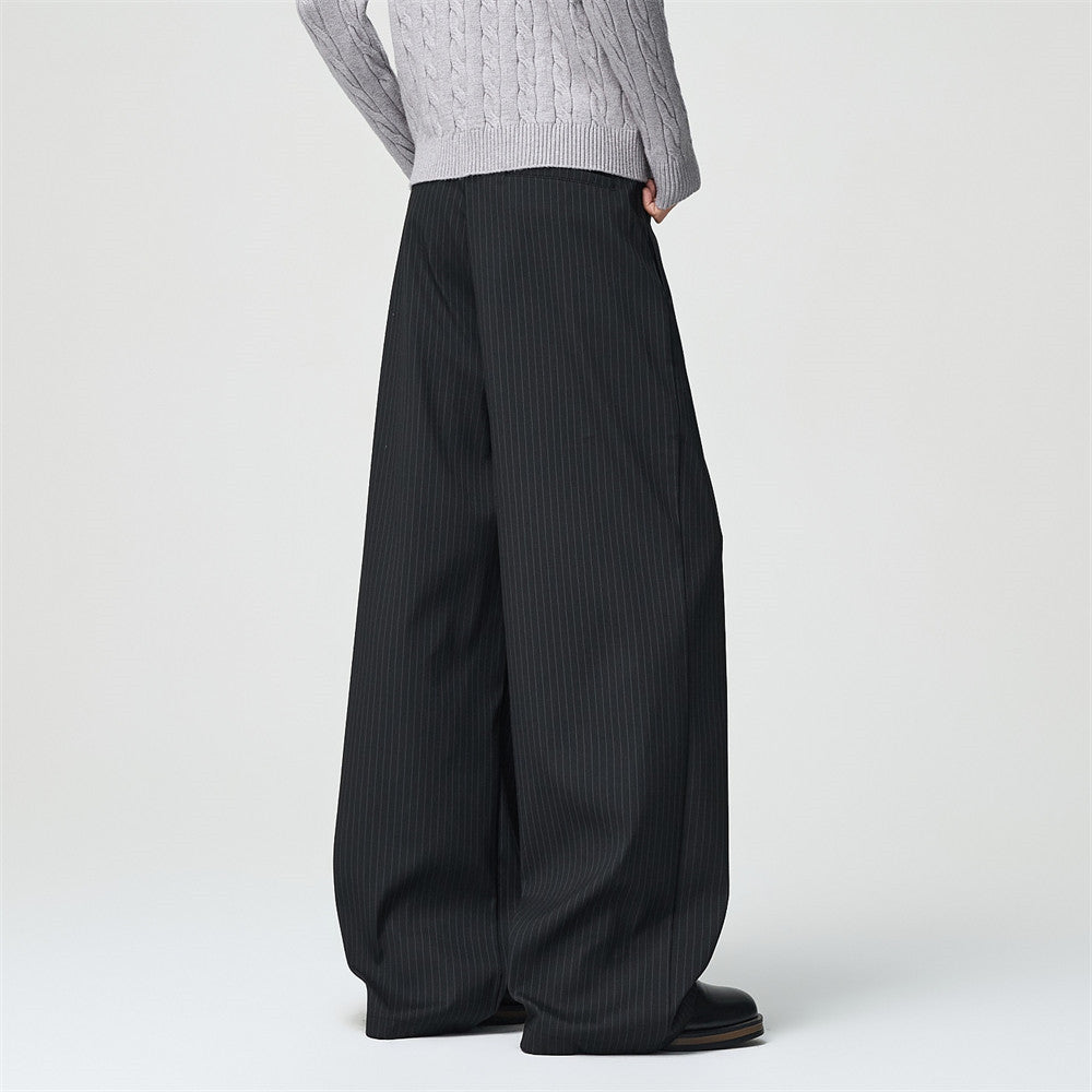 Men's Black Pinstripe Wide-Leg Trousers – Pleated Button-Fly Dress Pants