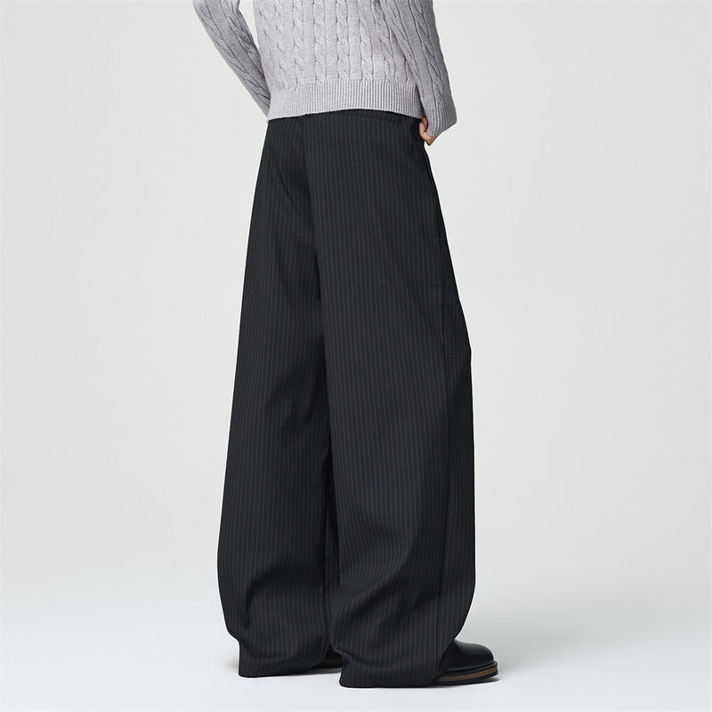 Men's Black Pinstripe Wide-Leg Trousers – Pleated Button-Fly Dress Pants