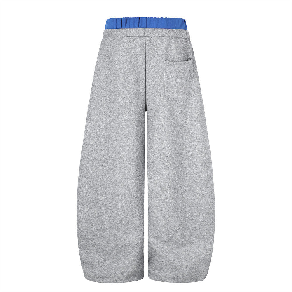 Gray wide-leg sweatpants, back view with blue waistband and single back pocket