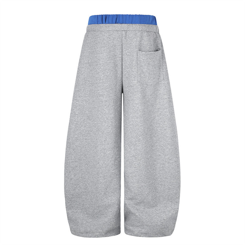 Gray wide-leg sweatpants, back view with blue waistband and single back pocket