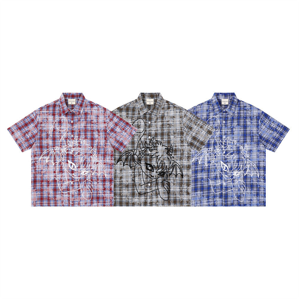 American Vintage Tie-Dye Plaid Short Sleeve Shirt with Dragon Graphic