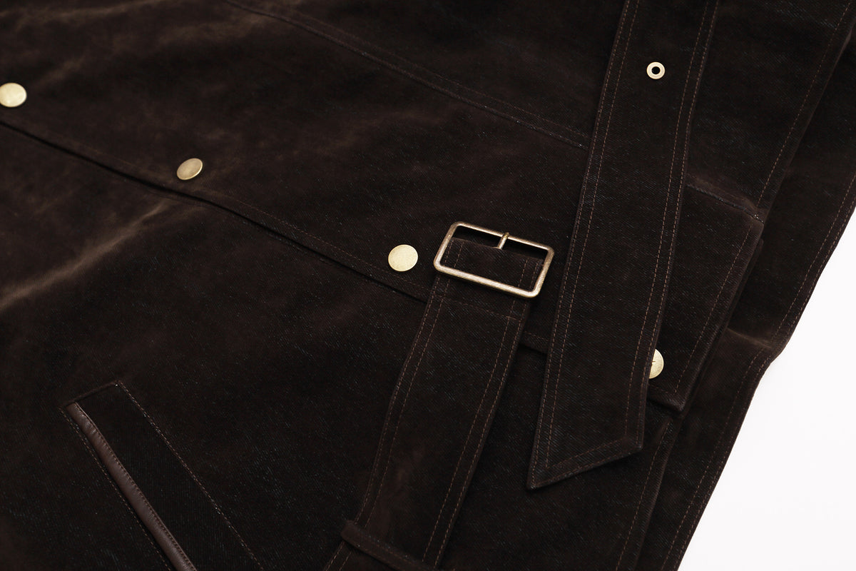 Dark Brown Suede Moto Jacket – Snap Button Stand Collar Belted Harrington