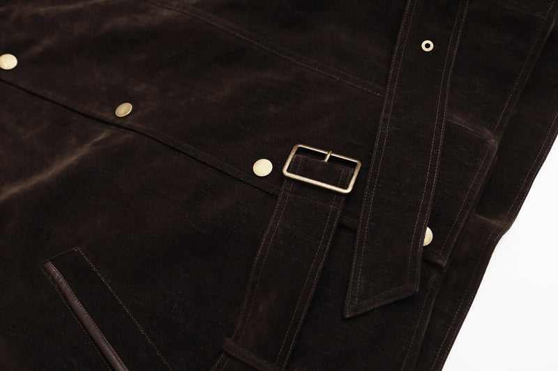Dark Brown Suede Moto Jacket – Snap Button Stand Collar Belted Harrington