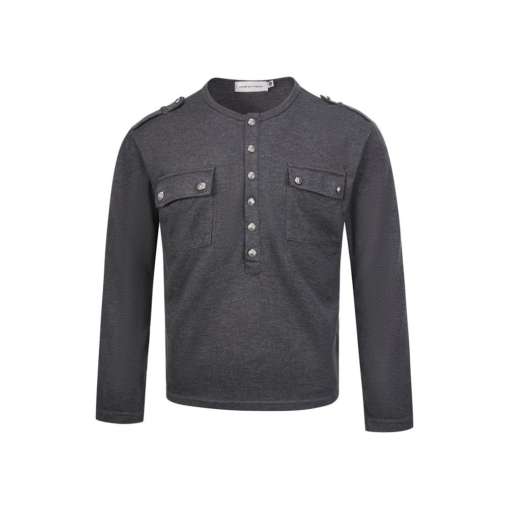 Men's Henley Long Sleeve T-Shirt with Metal Buttons & Dual Chest Pockets