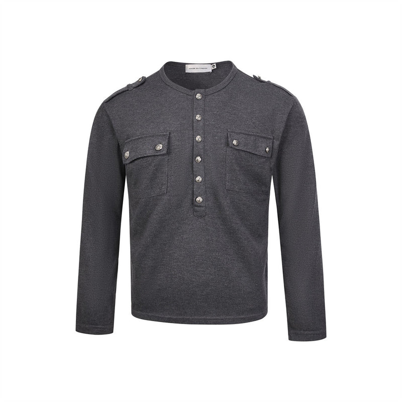 Men's Henley Long Sleeve T-Shirt with Metal Buttons & Dual Chest Pockets