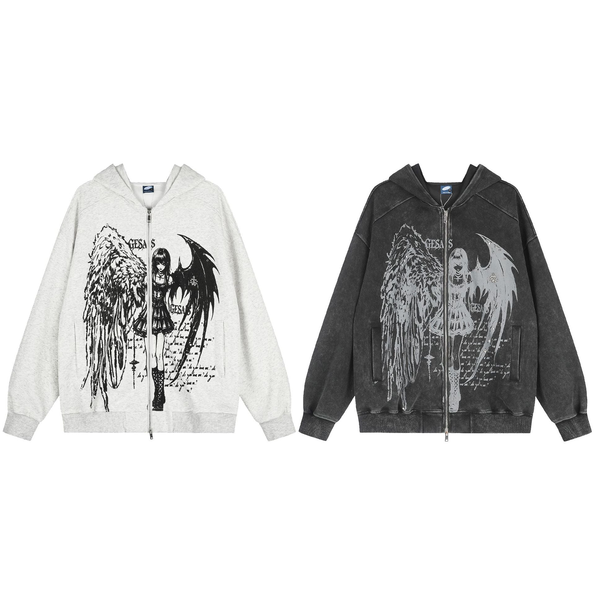 Anime Angel & Demon Graphic Zip-Up Hoodie – Acid Wash Oversized Streetwear