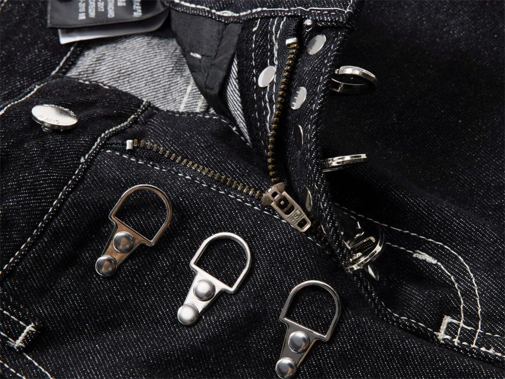 Black Wide-Leg Jeans – Metal Hook Closure & Contrast Stitching Streetwear Denim