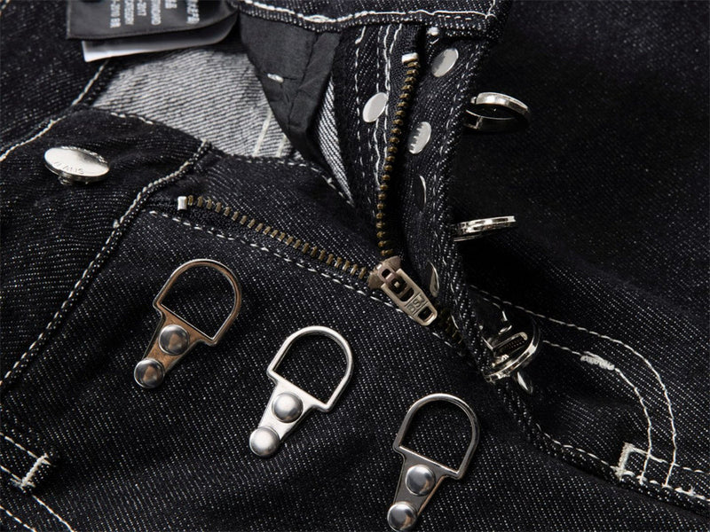 Black Wide-Leg Jeans – Metal Hook Closure & Contrast Stitching Streetwear Denim