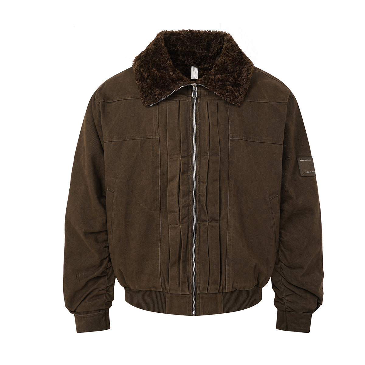 Retro washed cotton bomber jacket with curly sherpa collar and pintuck chest detail in coffee brown