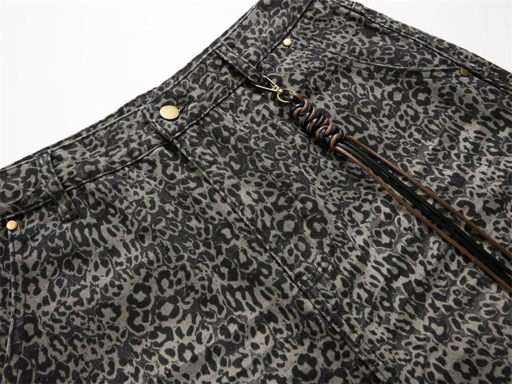 Leopard Print Wide-Leg Jeans – Vintage Washed Oversized Baggy Denim Pants
