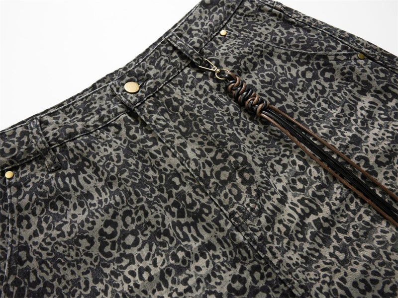 Leopard Print Wide-Leg Jeans – Vintage Washed Oversized Baggy Denim Pants