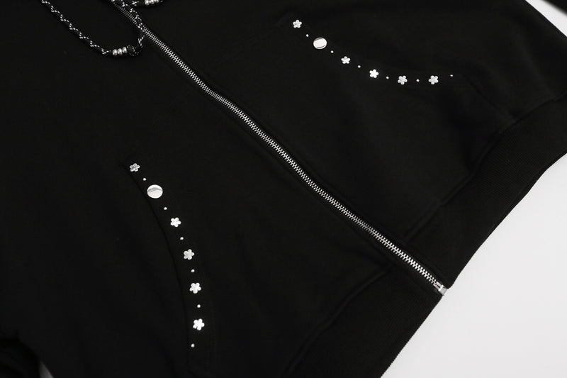 Zip-Up Hoodie with Star Studs & Decorative Drawstring, Oversized Fit
