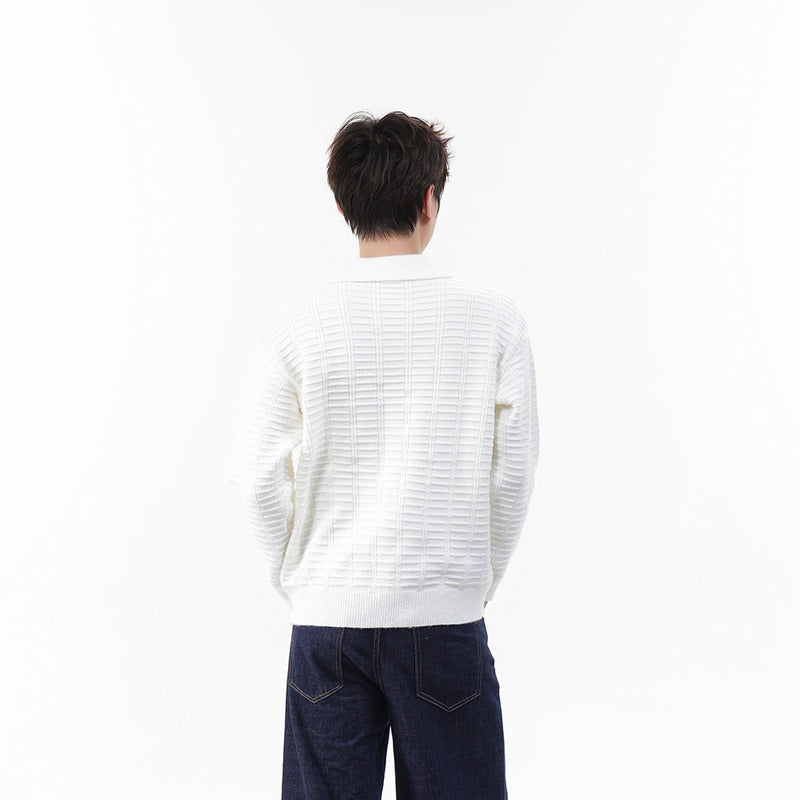 Polo-pull homme en maille texturée – Pull col boutonné à manches longues