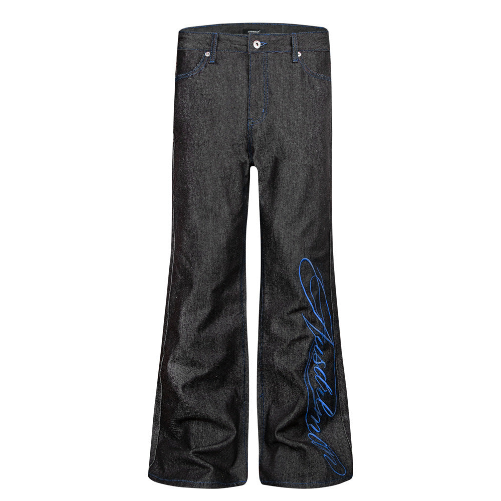 Jean noir homme bootcut avec broderie script – Denim à jambes évasées
