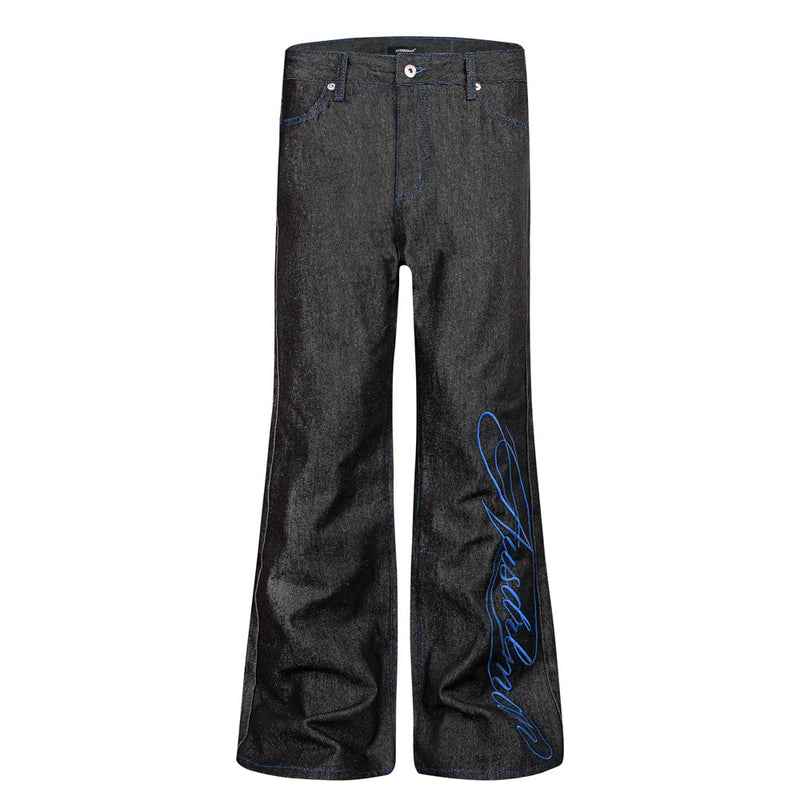 Jean noir homme bootcut avec broderie script – Denim à jambes évasées