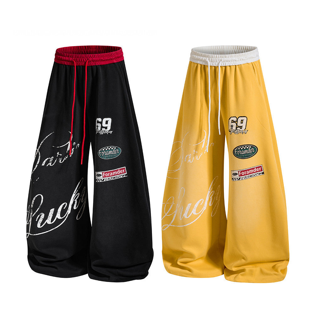 Wide-Leg Racing Graphic Sweatpants – Contrast Waistband, Letter Print