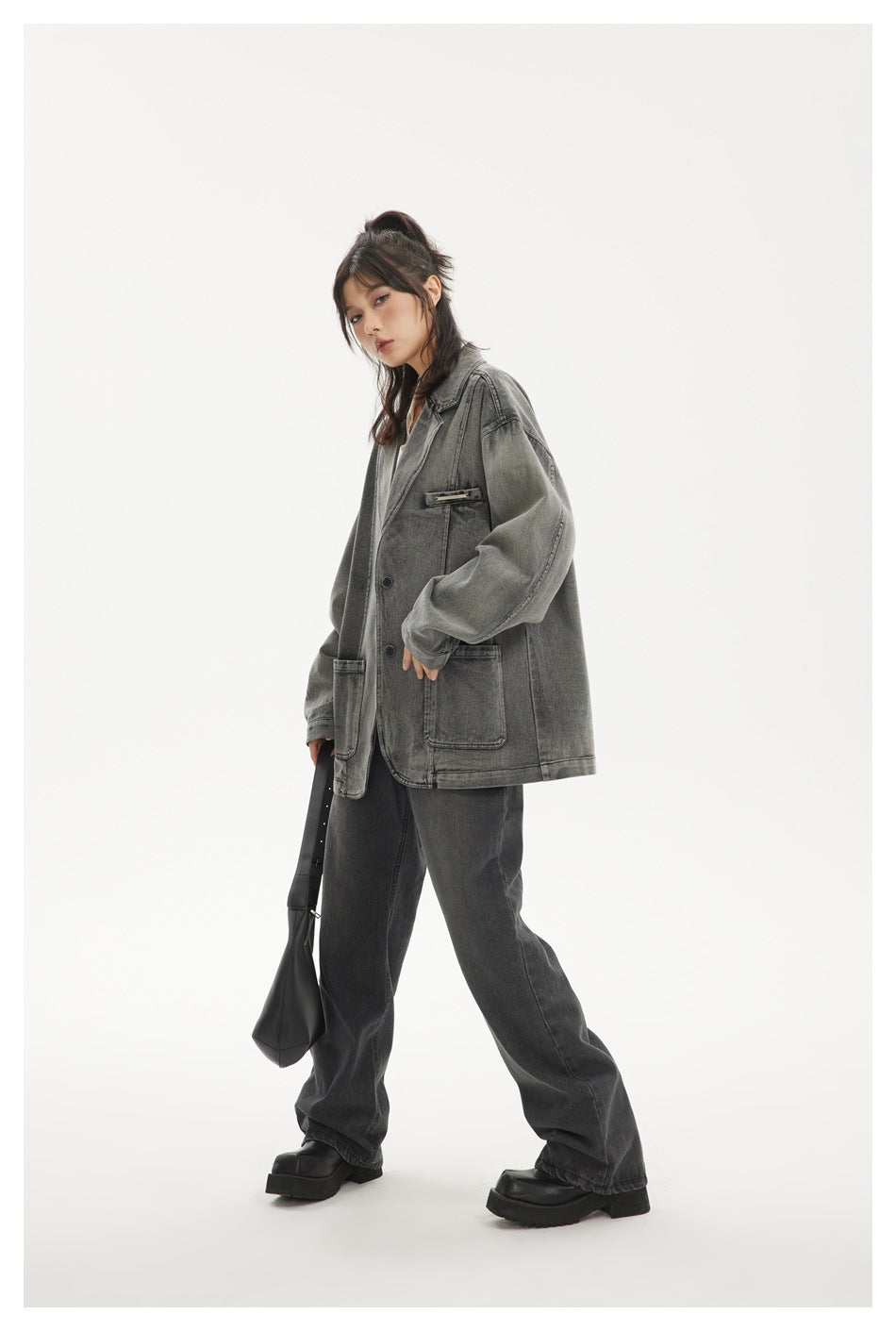 Oversized Washed Denim Blazer Jacket – Vintage Grey Black