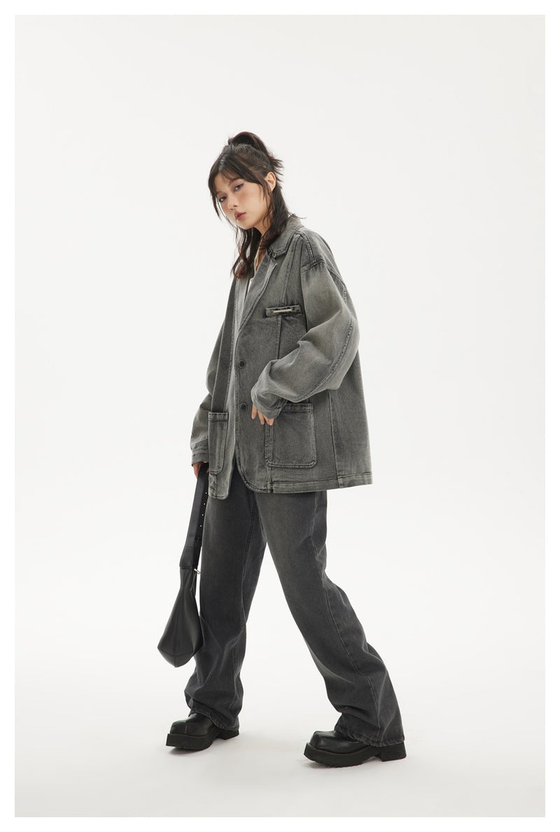 Oversized Washed Denim Blazer Jacket – Vintage Grey Black