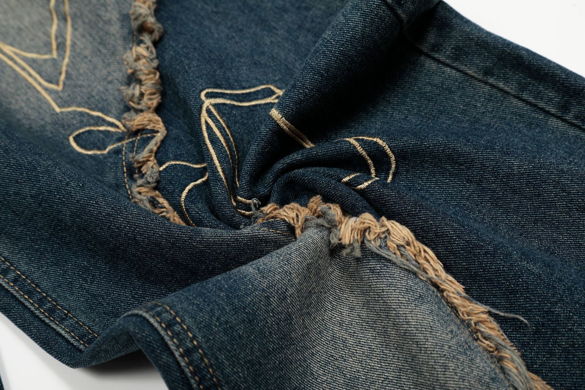 Baggy Jeans with Celestial Embroidery, Raw-Edge Seam & Wide Leg — Unisex Vintage