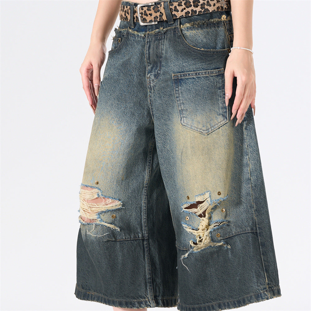 Ripped Wide-Leg Denim Shorts – Distressed Cargo Pocket Washed Jorts