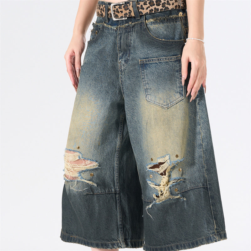 Ripped Wide-Leg Denim Shorts – Distressed Cargo Pocket Washed Jorts