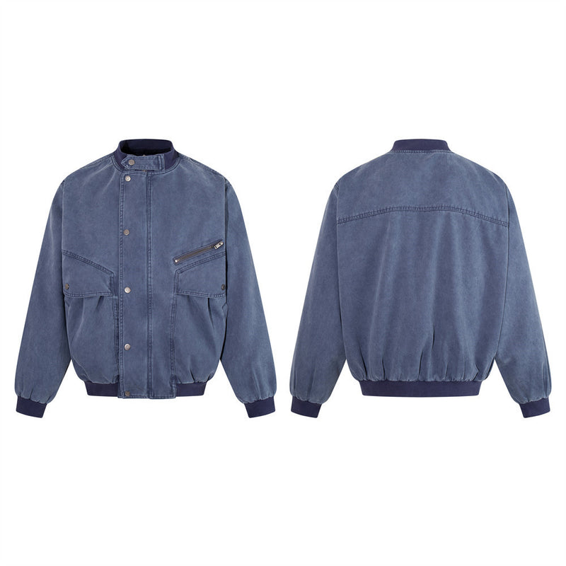 Veste bomber en toile délavée – Col montant oversize pour homme avec grandes poches