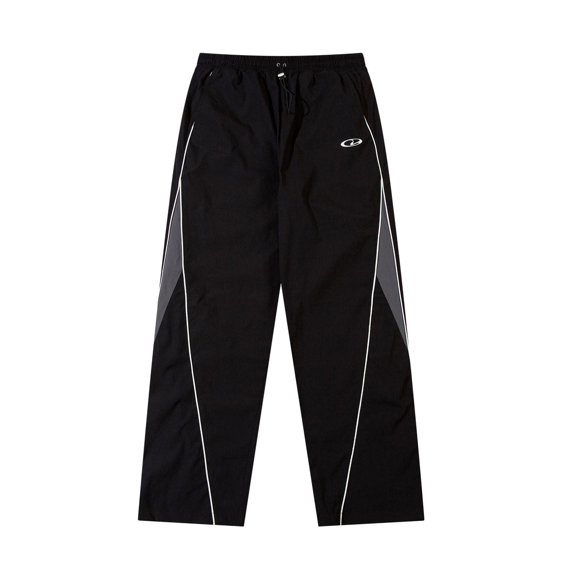 Schwarze Herren-Trainingshose mit weißem Kontrastkeder und grauen Colorblock-Seiteneinsätzen, Vorder- und Rückansicht