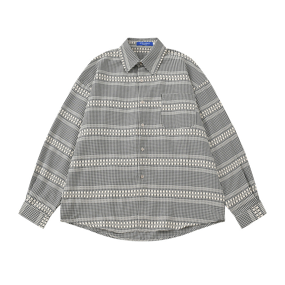 Men's oversized plaid long-sleeve button-up shirt in black and white gingham with horizontal stripe detailing