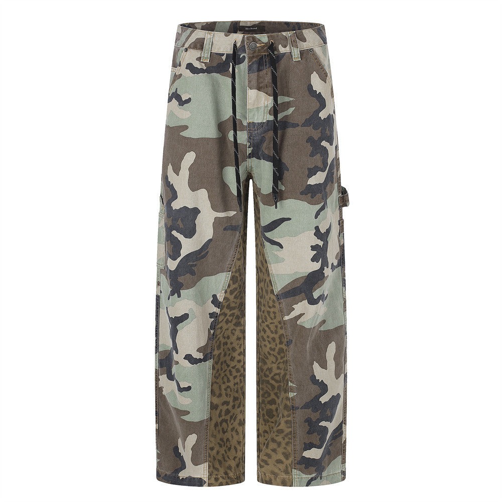 Men's wide-leg cargo pants with woodland camouflage and leopard print patchwork panels, front and back view