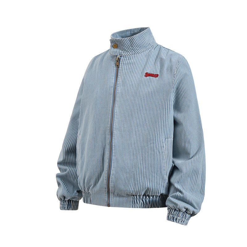 Striped Denim Bomber Jacket Stand Collar Embroidered Retro Boxy Fit