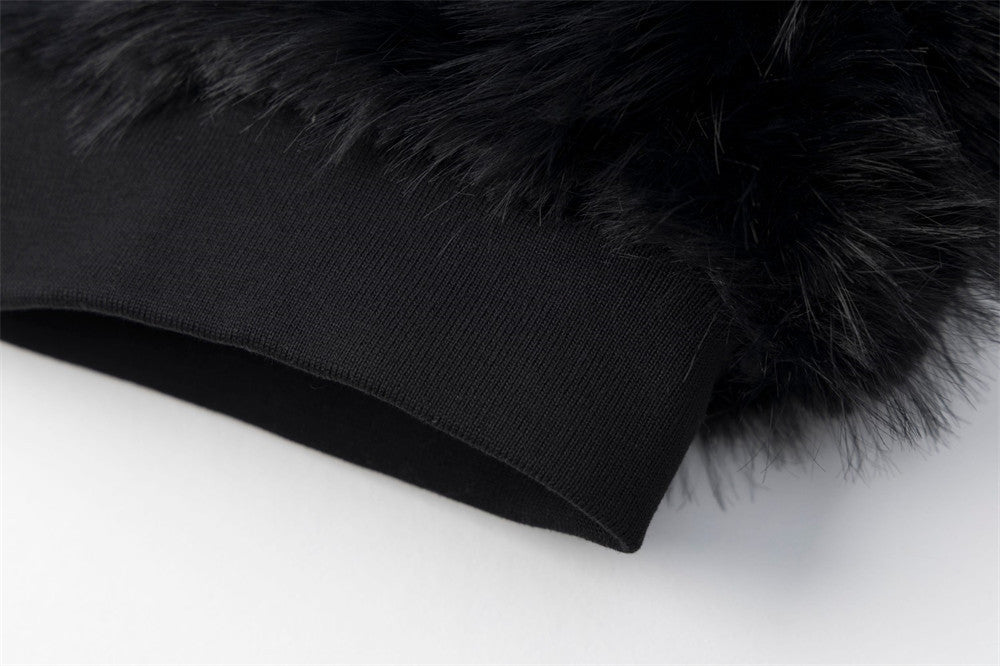 Black Faux Fur Hooded Bomber Jacket with White Cross Patch