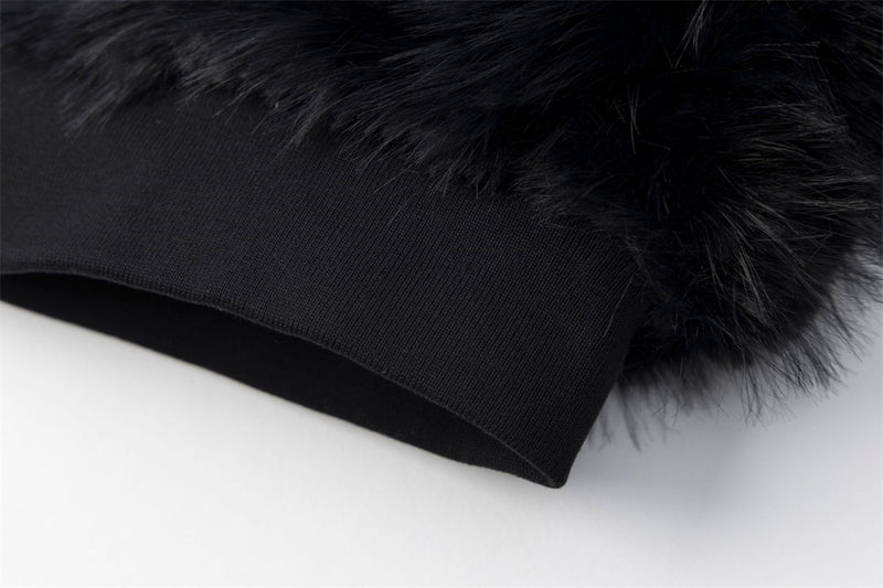 Black Faux Fur Hooded Bomber Jacket with White Cross Patch