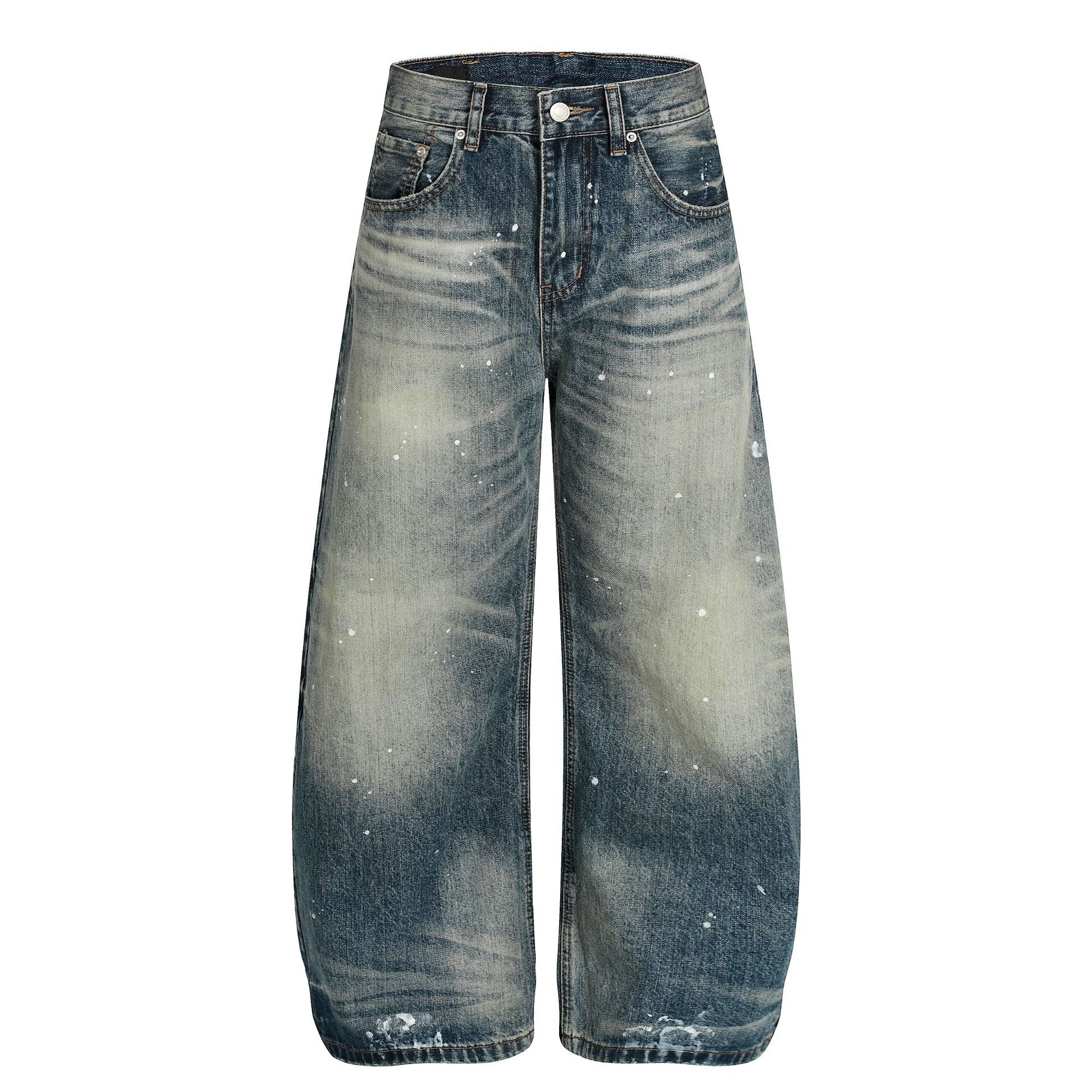 Vaqueros vintage baggy de pierna ancha y lavado, con salpicaduras de pintura blanca y silueta de pierna barrel, vista frontal y trasera