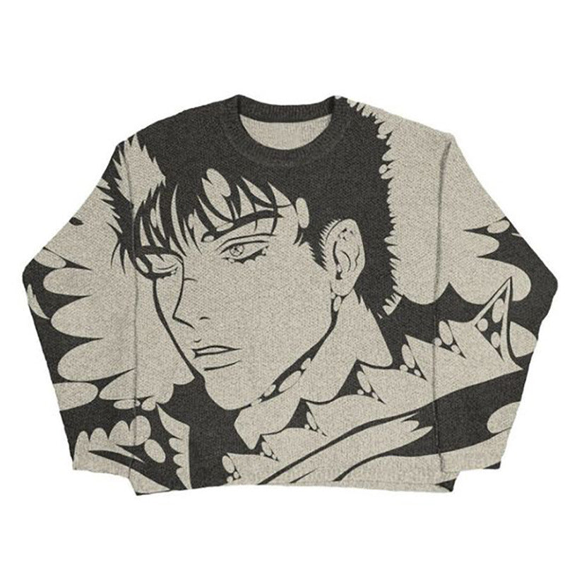 The Premium Berserk-Inspired Knit Sweater by Berserk boasts a large, jacquard graphics of an anime character reminiscent of Guts from Berserk, featuring a black and white design with spiky hair and a serious expression across the entire front.