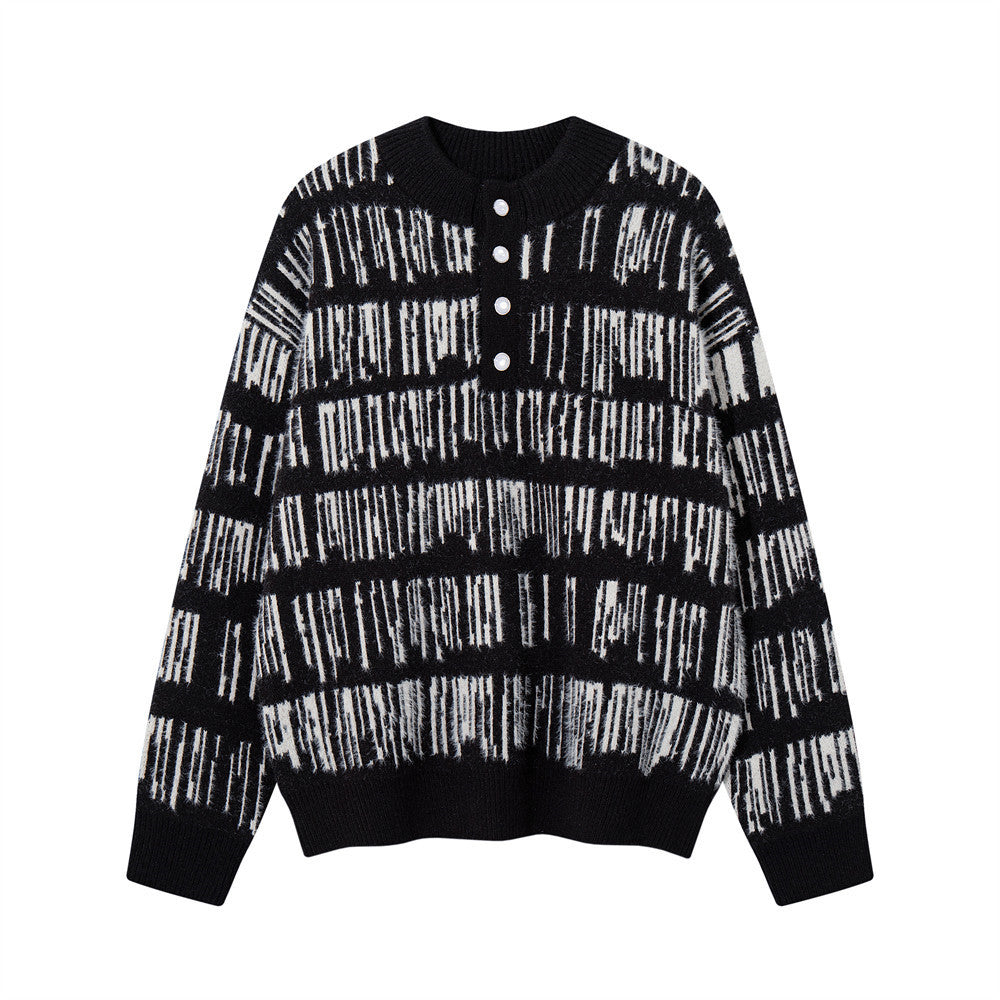 Jersey de punto jacquard a rayas con cuello henley para hombre: manga larga extragrande