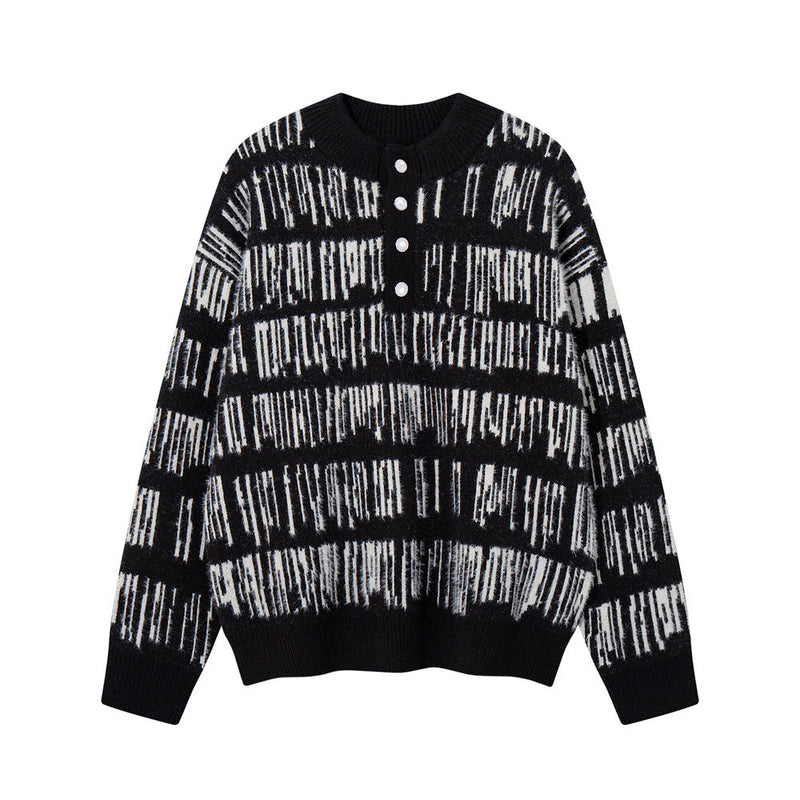 Jersey de punto jacquard a rayas con cuello henley para hombre: manga larga extragrande