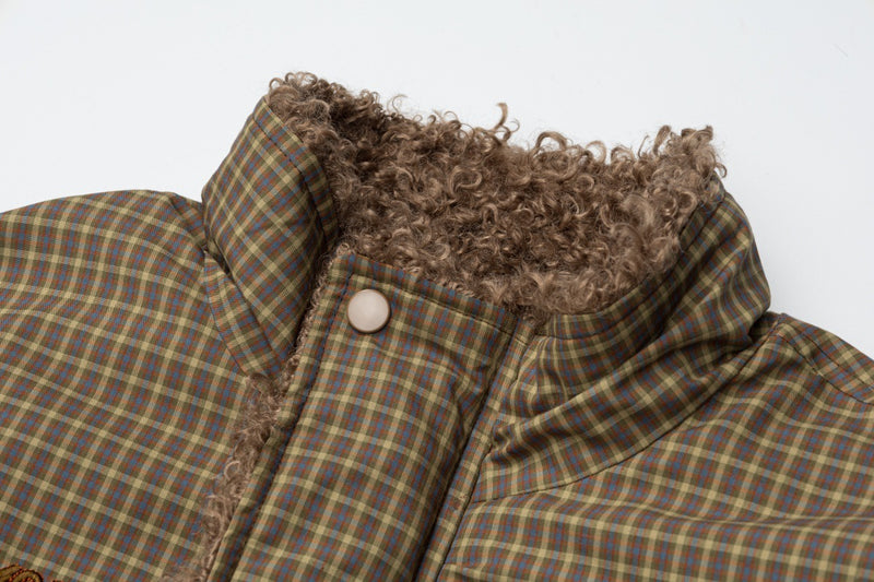 Reversible Plaid & Sherpa Bomber Jacket – Vintage 1988 Embroidered Padded Coat